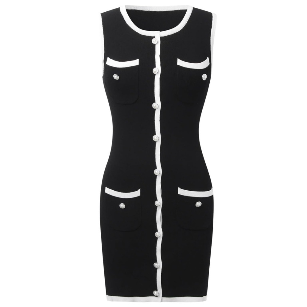 Women's Sleeveless Mini Dress Crewneck Button Black, White Trim, Medium